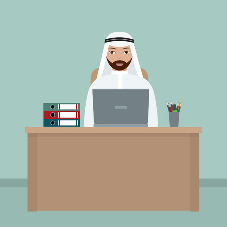 Arab businessman at his workplace. Flat style, vector illustration.のイラスト素材