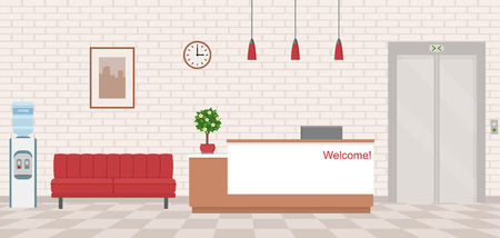 Office interior with reception and waiting area. Flat style, vector illustration.のイラスト素材