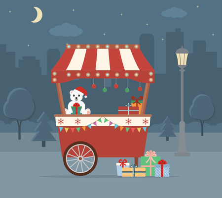 Christmas Market on city background. Flat style, vector illustration.のイラスト素材