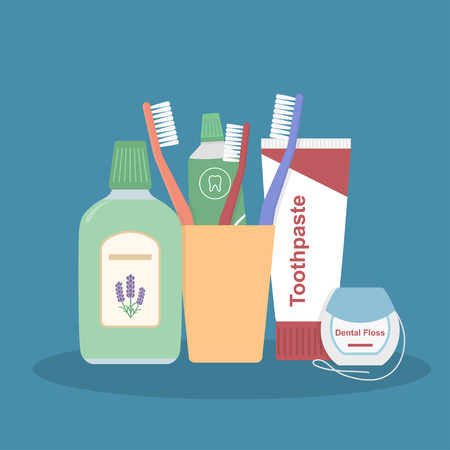 Set of dental cleaning tools. Toothbrushes, toothpaste, mouthwash and dental floss isolated on blue background. Flat style vector illustration.のイラスト素材