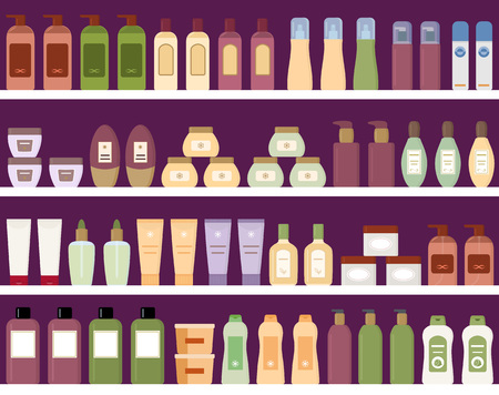 Shelves with colorful products in plastic bottles.  Flat style illustration.のイラスト素材