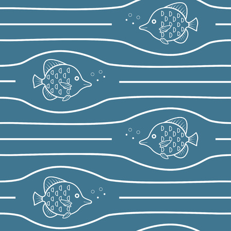 Vector seamless pattern with waves and fishes. Great for print on fabric and wrapping paper.のイラスト素材