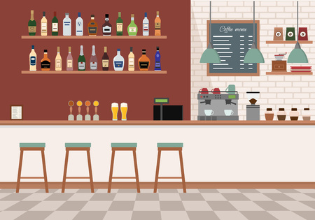 Empty bar interior. Pub with counter, chairs and equipment. Flat design vector illustration.のイラスト素材