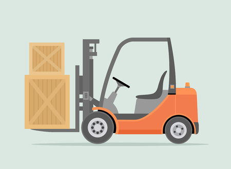 Orange Forklift truck isolated on light green background. Warehouse Equipment, cargo delivery, storage service. Vector illustration.のイラスト素材