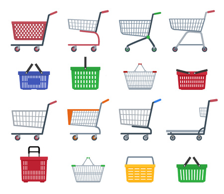 Set of shopping trolleys and shopping baskets. Isolated on white background. Flat vector illustration.のイラスト素材