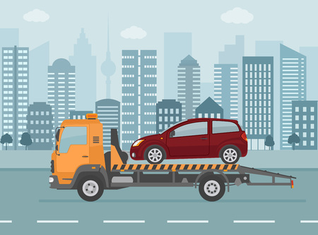 Broken car on tow truck, on city background. Flat style vector illustration.のイラスト素材