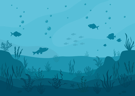 Sea underwater background. Marine sea bottom with underwater plants, corals and fish. Panoramic seascape.のイラスト素材