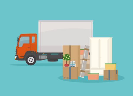 Moving into new House. Delivery truck, furnitures and cardboard boxes. Isolated on blue background. Transport services and freight of goods. Flat style, vector illustration.のイラスト素材