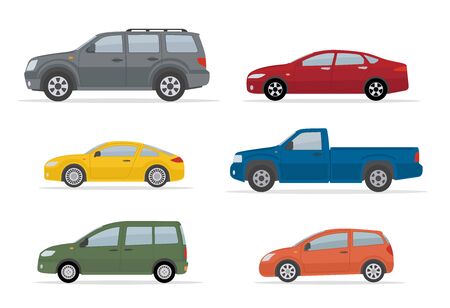Collection of different cars. Isolated on white background. Side view. Flat style, vector illustration.のイラスト素材