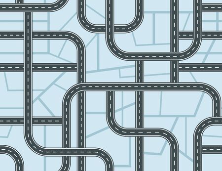 Highways seamless pattern. A lot of roads with crossroads and junctions on blue map background. Top view. Vector illustrationのイラスト素材