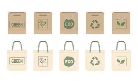 Collection different fabric cloth or paper bags. Isolated on white background. Bags with ECO and recycling symbols. Replacement plastic bags. Flat vector illustration.のイラスト素材