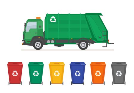 Garbage truck and garbage cans isolated on white background. Ecology and recycle concept. Vector illustration.のイラスト素材