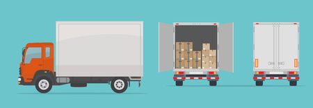 Delivery truck isolated on blue background. Side and back view. Transport services, logistics and freight of goods. Flat style, vector illustration.のイラスト素材