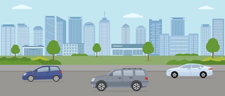 Modern city. City life illustration with house facades, road and other urban details. Panoramic view. Flat style, vector illustration.のイラスト素材