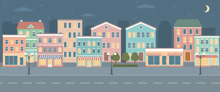 City life illustration with house facades, road and other urban details. Night panoramic view. Flat style, vector illustration.のイラスト素材