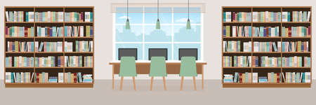 Empty library. Modern interior with bookcases, table, chairs and computers. Vector illustration.のイラスト素材