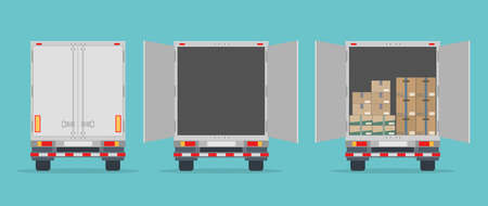 Delivery truck back view. Isolated on blue background. Closed, opened and opened with boxes. Transport services, logistics and freight of goods. Flat style, vector illustration.のイラスト素材