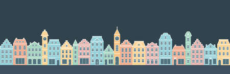 Colorful old houses on dark blue background. Cartoon buildings. Night panoramic view. Flat style, vector illustration.のイラスト素材