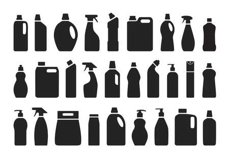 Collection of cleaning and washing products. isolated on white background. black and white. vector illustration.のイラスト素材