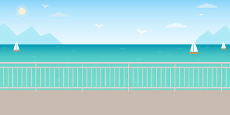 Empty embankment in the resort town. panoramic seascape. summer holiday concept. vector illustration.のイラスト素材