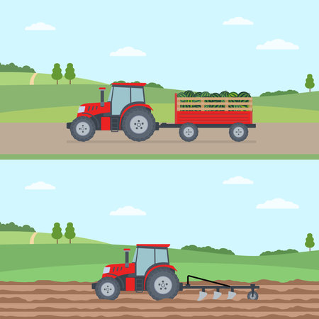 Tractor plowing the field. Tractor carrying the harvest. agriculture concept. vector illustration.のイラスト素材