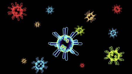 3D colorfull coronavirus particles floating on black backgroundの写真素材
