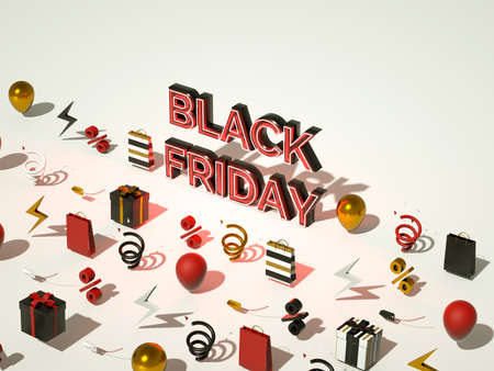 Black friday isometric 3d render with neon letters and shopping elements.の写真素材