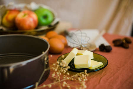 close up of blocks of butter prepared for baking a dessertの写真素材