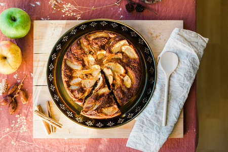 high angle view of an apple cake served at a tableの写真素材