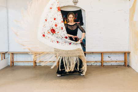 Flamenco woman dancer dancing with flower shawlの写真素材