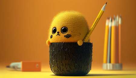 Cute kawaii cartoon character in egg shell with pencils and eraserの素材