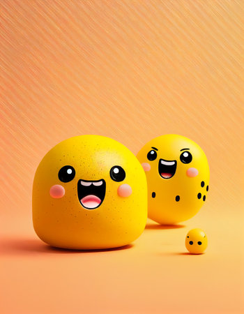 3d render of yellow smiley emoticons on orange background.の素材