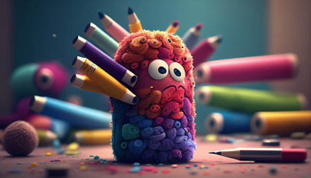 Cute monster with pencils and erasers. 3d illustrationの素材