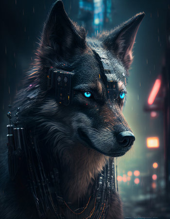 Portrait of a wolf in the night city. 3D rendering.の素材