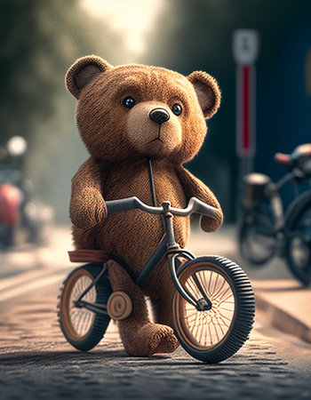 Teddy bear riding a bicycle on the street in the evening.の素材