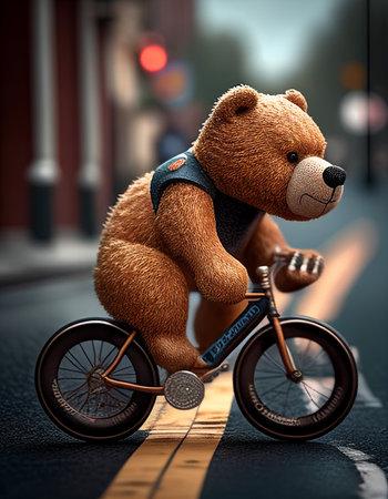 3d rendering of a teddy bear riding a bicycle in the cityの素材