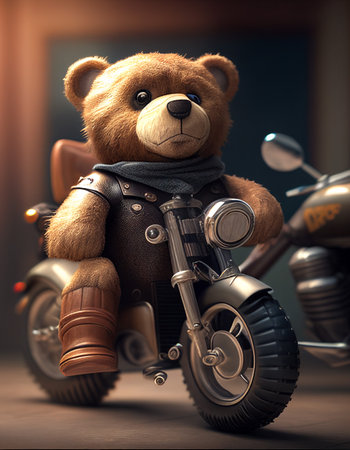 Teddy bear on a motorcycle. 3D illustration. Vintage style.の素材