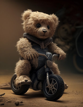 Teddy bear sitting on a tricycle on a dark background.の素材