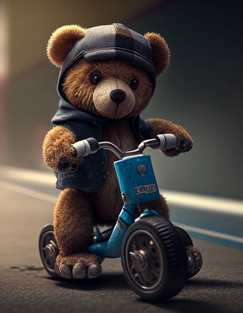 Teddy bear riding a tricycle on the street. 3d illustration.の素材