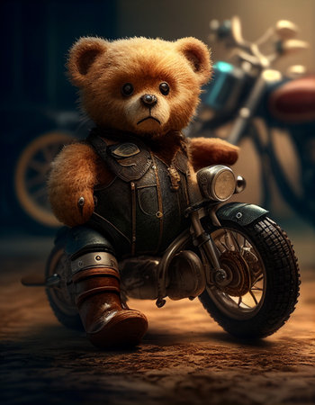 Teddy bear sitting on the motorcycle. Vintage style. 3d renderingの素材