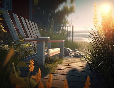Wooden deck chair on the beach in the morning. 3d renderの素材