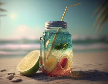 Lemonade with lime and mint in a glass jar on the beachの素材