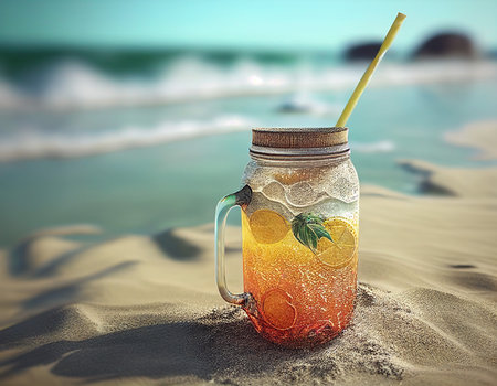 Mason jar of lemonade with ice and mint on the beachの素材