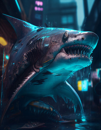 Shark in the aquarium. 3D render. Conceptual illustrationの素材