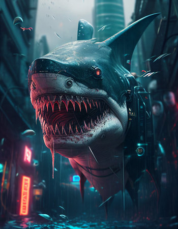 3D Illustration of a monster in a city with sharks.の素材