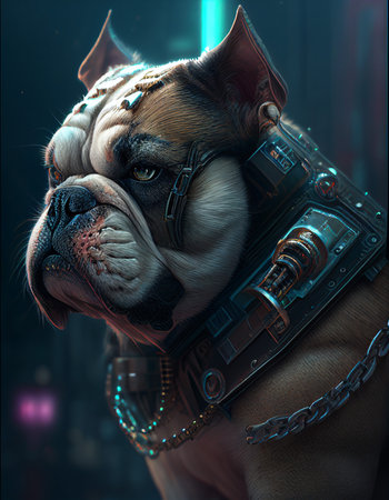 Portrait of a beautiful dog breed English Bulldog in steampunk style.の素材