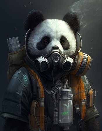 Panda in gas mask and gas mask. 3D illustration.の素材