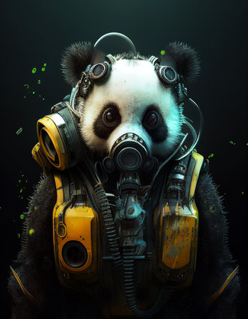 Astronaut panda in gas mask. 3D rendering.の素材