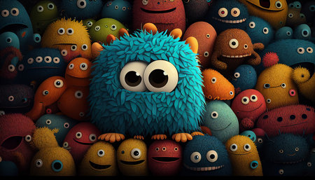 Funny monsters with eyes and mouth, 3d illustration, horizontalの素材