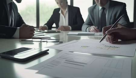 Business people discussing the charts and graphs showing the results of their successful teamwork created with ai toolsの素材